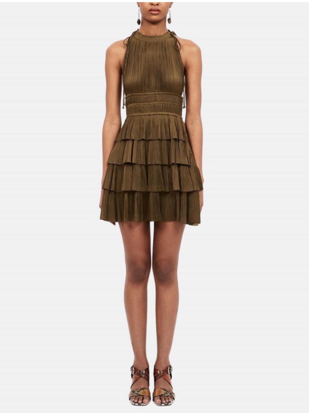 NEW ULLA JOHNSON Cecily Dress Olive Green Pleated Silke Plisse Satin Mini Size 4